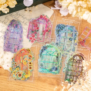 Vintage PET window frame stickers with holographic floral designs for DIY scrapbooking 10pcs