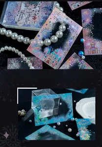 Laser silver fireworks PET stickers with holographic dream castle and jellyfish patterns