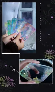Macro detail of PET sticker showing 3D laser silver fireworks and castle texture