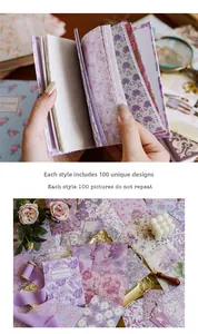 Primo piano della carta floreale viola vintage per scrapbooking e collage creativi