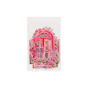Floral window PET stickers set featuring red arch window and roses for DIY journals
