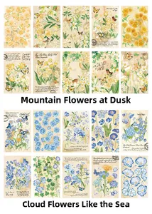 Detailed view of 20 vintage floral and butterfly stickers in watercolor art style