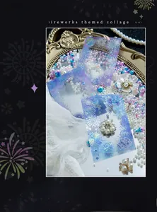Detail of fireworks theme PET stickers with laser effect on a decorative pearl tray