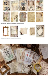 Κοντινό πλάνο vintage υλικών scrapbooking με χαρτιά και λουλουδάτες ετικέτες διακόσμησης