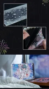 Detail showing waterproof PET material and iridescent firework stickers on dark background