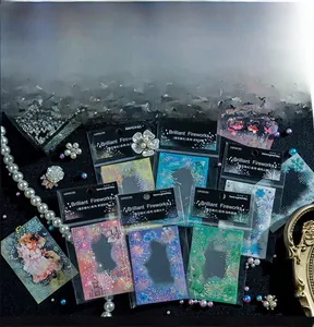 Macro shot of 10-piece PET stickers with brilliant firework patterns for DIY scrapbooking