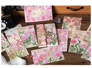 Close-up of vintage flower stationery paper and floral stickers for DIY journals