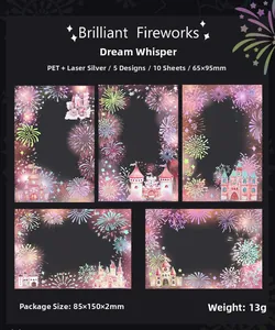 Detail of fireworks PET stickers with holographic silver foil and castle patterns