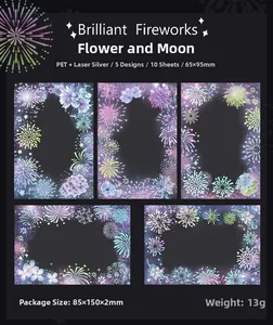 Detailed laser silver PET stickers featuring dreamlike fireworks and floral patterns