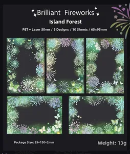 Detail of PET stickers with laser silver fireworks and butterfly designs for scrapbooking