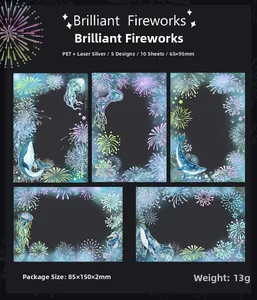 Detail of fireworks and marine life PET stickers with silver laser finish for scrapbooking