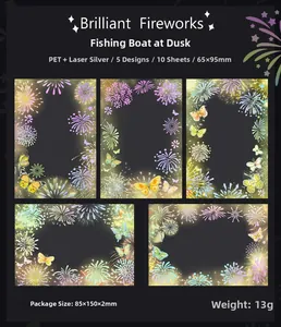 Detailed view of fireworks PET stickers with silver laser foil finish and butterfly designs