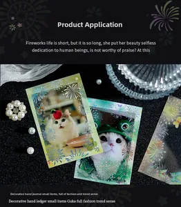 Detail view of colorful laser PET stickers with fireworks and butterfly designs