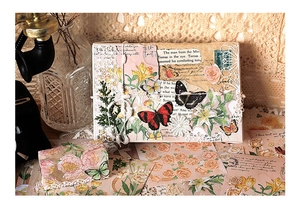 Retro DIY scrapbooking kit with floral patterns, lace details, and vintage paper textures