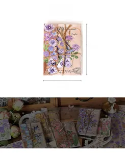 Macro view of vintage floral sticker pack with twine wrap and retro packaging details