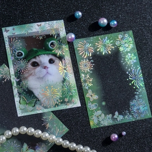 Deep green PET stickers with laser fireworks and butterfly frame for photo cards