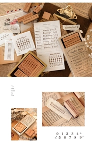 Detailed view of vintage wooden calendar stamps set with retro celestial patterns
