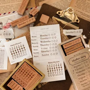 Retro perpetual calendar wooden stamp set with month phases and daily checklist cards