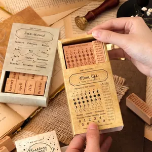 Vintage perpetual calendar wooden stamp set for moon phase DIY bullet journaling