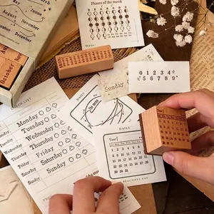 Vintage wooden perpetual calendar stamp set with lunar phases for DIY planners