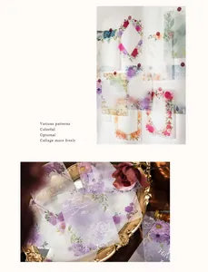 Dettaglio macro della carta velina traslucida con motivi floreali vintage per scrapbooking