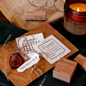 Vintage wooden perpetual calendar stamp set for DIY journaling with moon phases