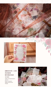 Macro detail of translucent floral tracing paper with white ink print for scrapbooking