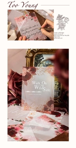 Macro shot of vintage floral decorative stationery with layered translucent vellum paper