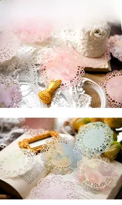Detail of vintage hollow lace scrapbooking paper with floral and script patterns