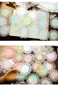 Close-up of vintage floral lace paper with intricate cutout details for scrapbooking