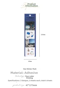 Detail view of 6 sheets self-adhesive sticker pack with size specs and scenic designs