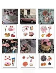 Retro pink aesthetics sticker set featuring vintage car, cakes, and floral motifs