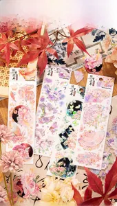 Macro detail of PET floral stickers with iridescent ink showing goldfish and lotus motifs
