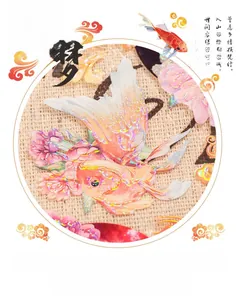 Macro view of PET goldfish and floral stickers with 3D rainbow crystal ink finish