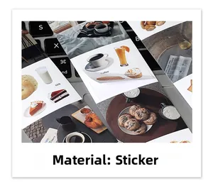 Detail of self-adhesive scrapbooking stickers featuring hand-drawn food and drink motifs