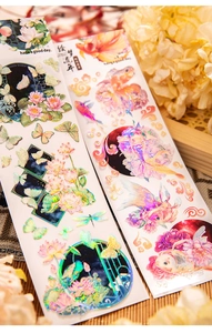 Detail of PET stickers with 3D rainbow crystal ink featuring butterfly and lotus motifs