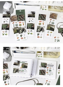 Detailed view of aesthetic lifestyle stickers for scrapbooking with food and plant motifs