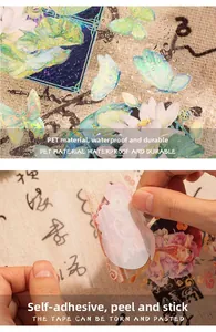 Detailed view of waterproof PET floral stickers with iridescent holographic butterfly effects