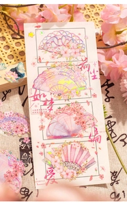 Detail of cherry blossom fan PET stickers with iridescent laser finish for journaling