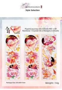 Macro detail of PET sticker showing iridescent crystal ink and 3D goldfish floral patterns