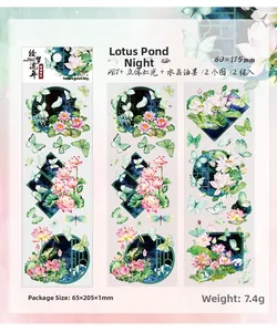 Detail of PET stickers featuring lotus motifs with 3D rainbow crystal ink effect