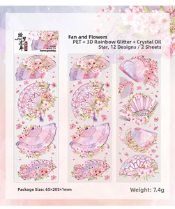 Detail of PET stickers with iridescent rainbow ink and crystal oil showing folding fans
