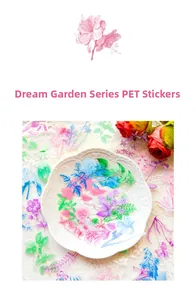 Close-up of Dreamy Garden PET floral stickers on lace background for DIY journaling