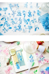 Detailed view of Twilight Blue vintage PET flower stickers for scrapbooking decor