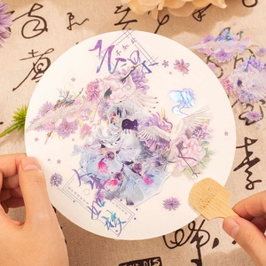 Ancient style PET stickers with holographic crystal ink featuring cranes and floral patterns