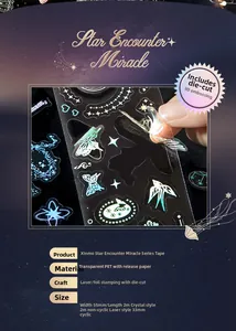 Detail of PET tape with laser bronzing, embossed butterfly design and star miracle theme