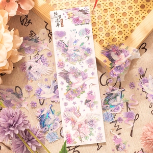 Vintage PET stickers with crane and chrysanthemum designs featuring rainbow crystal ink finish