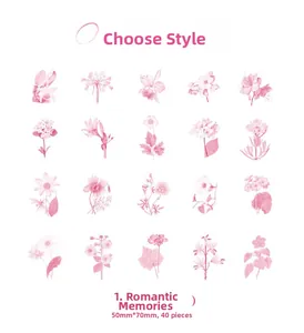Detailed grid layout of 40 pieces pink flower PET stickers for journaling and DIY decor