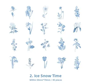 Detailed grid view of 40 blue vintage floral PET stickers for journaling decor