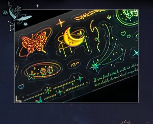 Close-up of holographic embossed PET stickers with laser butterfly and moon patterns